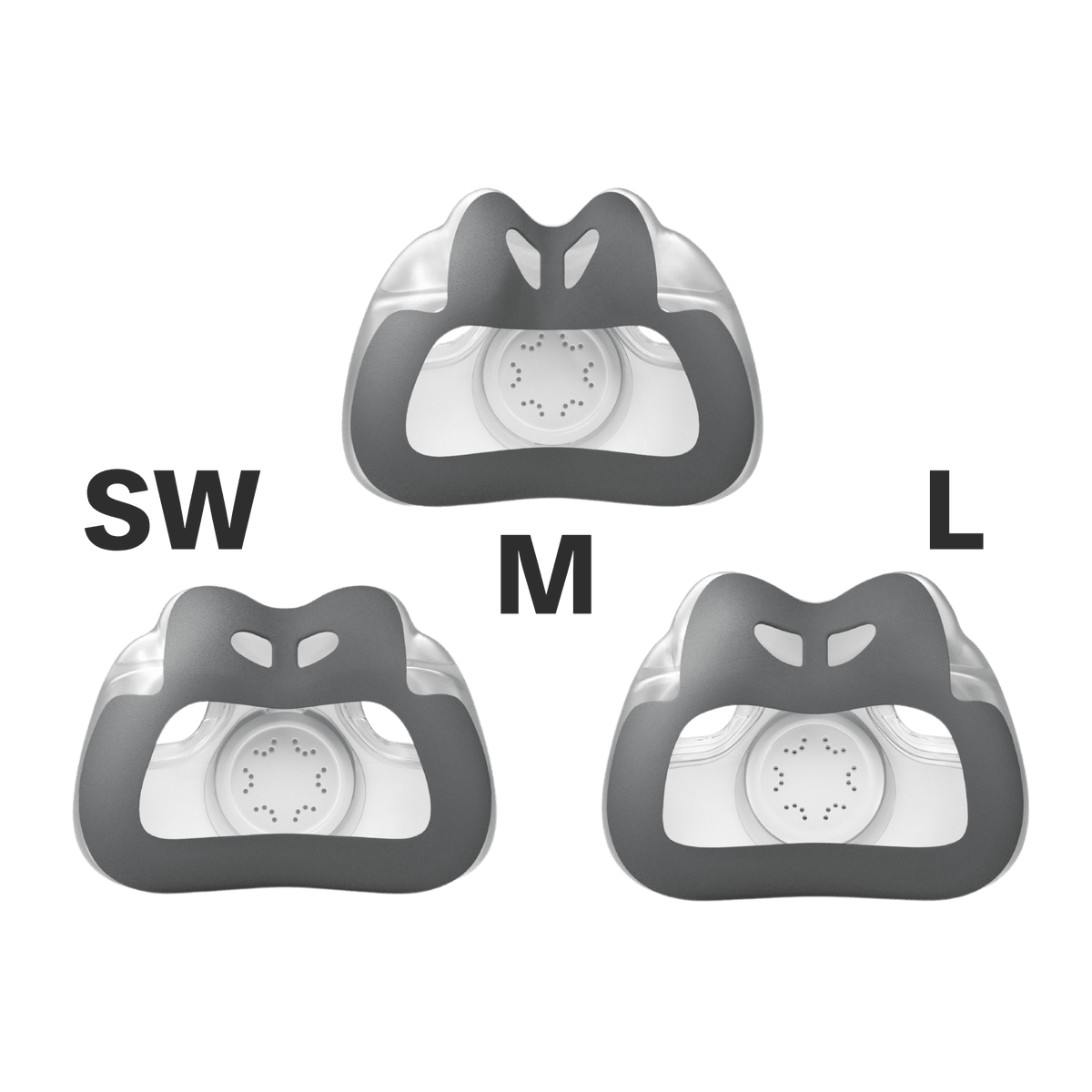 an assortment shot showing all three cushion options for the airtouch f30i - small-wide, medium, and large