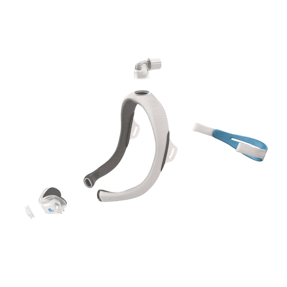 ResMed AirTouch N30i nasal CPAP mask components disassembled on a green background.