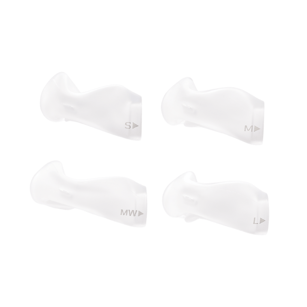 family shot of all four dreamwear nasal cushion sizes - small, medium, medium-wide, and large.