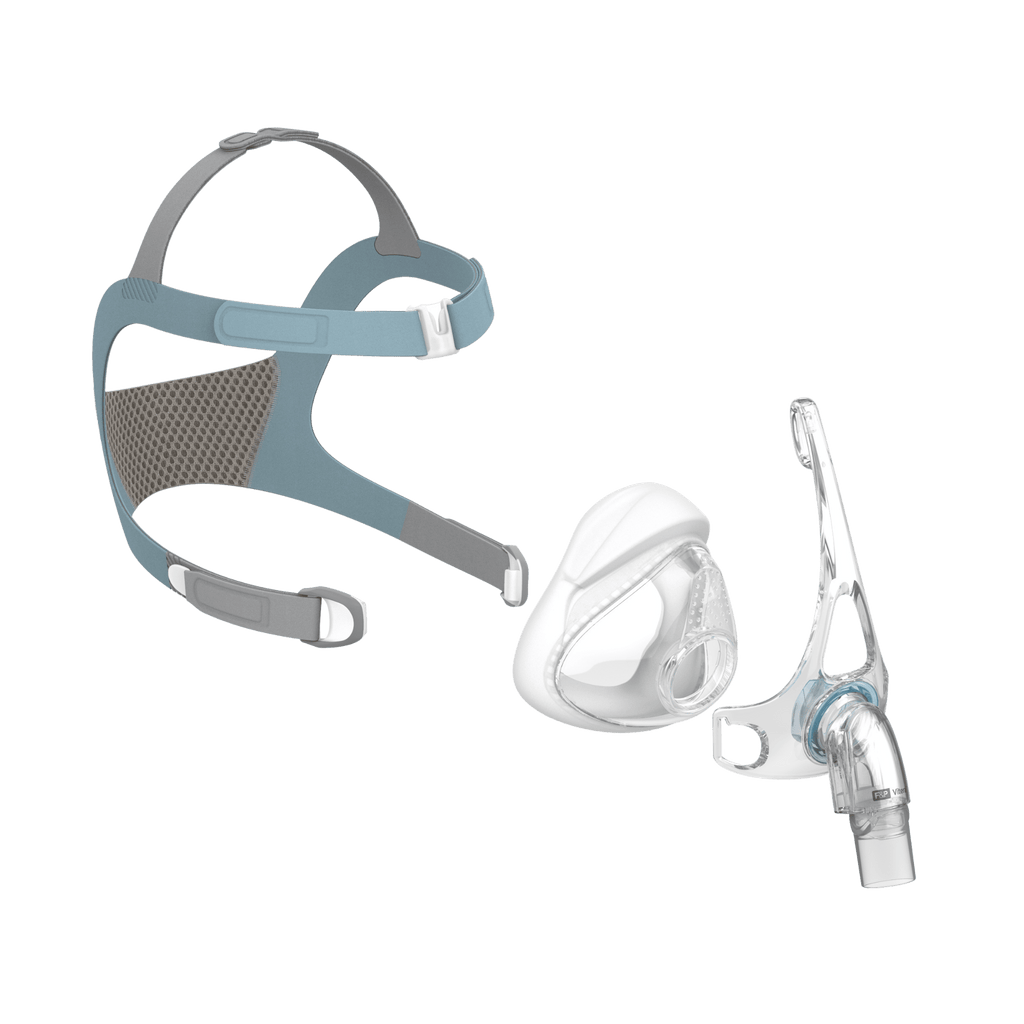 Exploded view of the Vitera full face CPAP mask, showing headgear, clips, cushion, and frame 