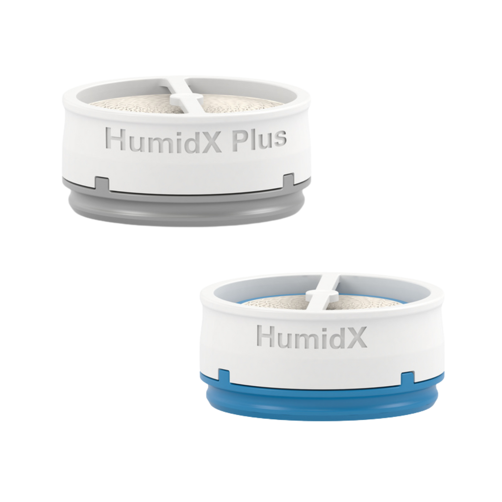 ResMed HumidX and HumidX Plus waterless humidification cartridges, white with grey and blue bases.