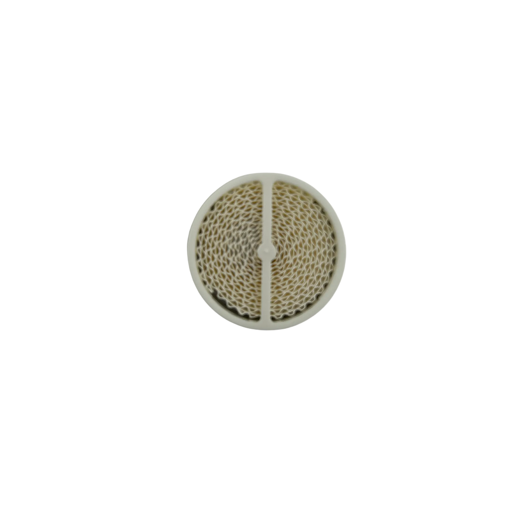 A round replacement filter cartridge with a white plastic rim and a beige mesh screen inside, shown against a plain white background.