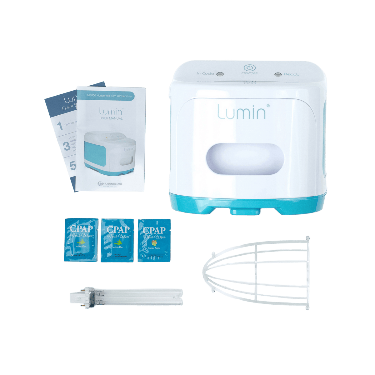 everything included with the lumin - the device itself, a quick start guide and user manual, CPAP mask wipes, a UV bulb, and a plastic riser for the bottom of the chamber.