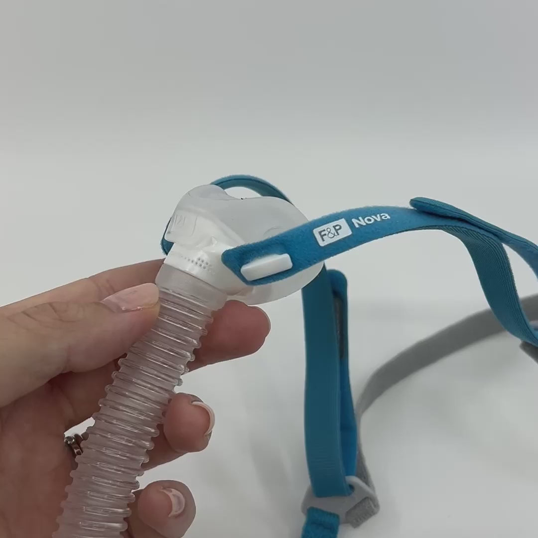 Demo video showing the nova micro's swivel hose connection, easily removable cushion, front-adjusting headgear fit tabs, and flexible nasal pillows.