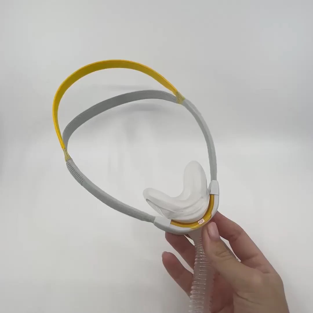 Short video showing the Solo Nasal mask's adjustable autofit headgear, flexible nasal cradle cushion, easy disassembly/reassembly, and effortless cushion swapping with the solo nasal pillows. 