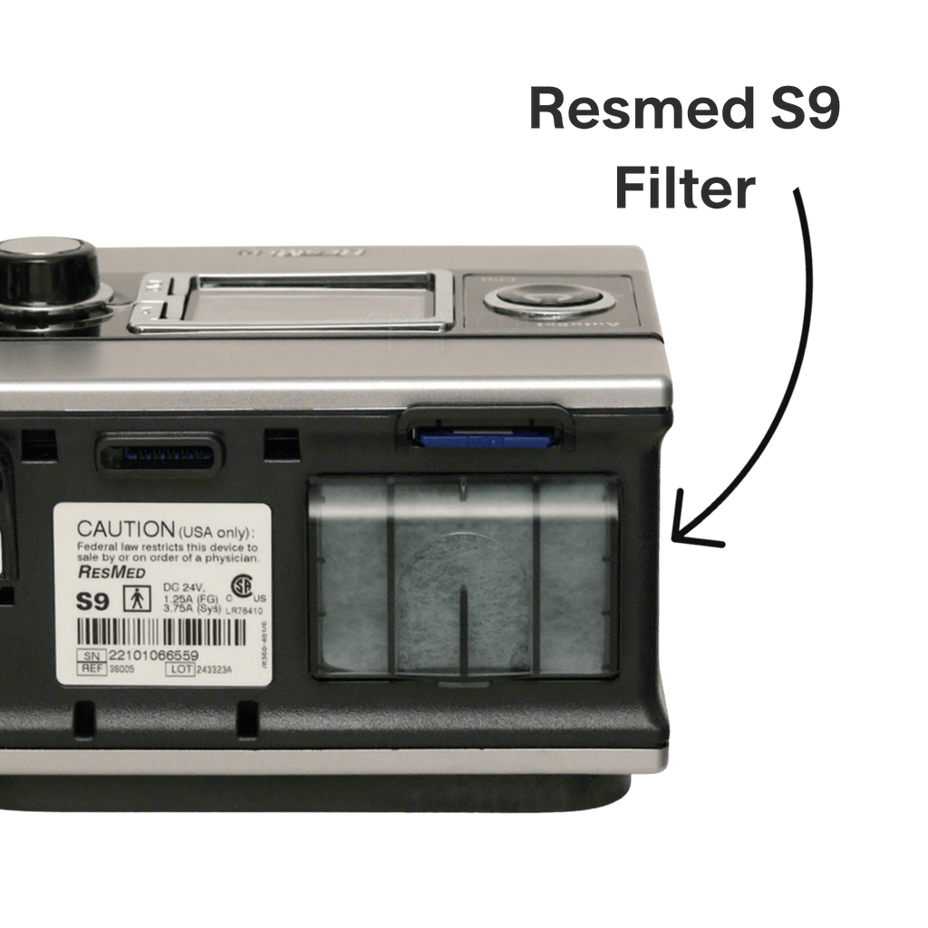 Resmed S9 showing filter door location on back of machine