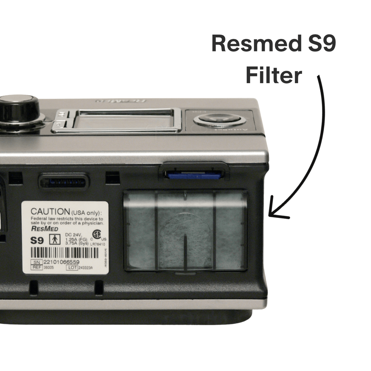 Resmed S9 showing filter door location on back of machine