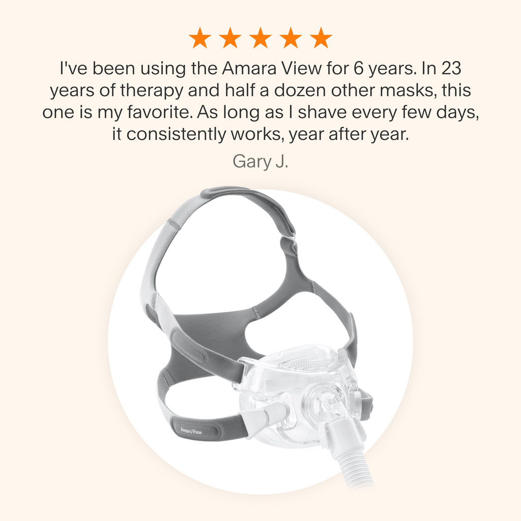 Testimonial praising the Amara View Full Face Mask for its long-lasting reliability and comfort, making it a favorite after decades of CPAP therapy.