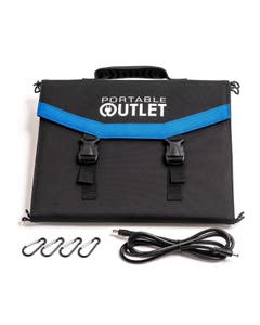 Solar panel charging kit for CPAP machines folded in carrying case. 